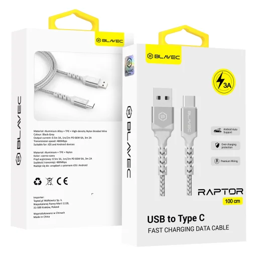 Blavec Cable Raptor fonott - USB Type-C - 3A 1 méter Apple CarPlay/Android Auto (CRA-UC3WS10) fehér-ezüst - 1