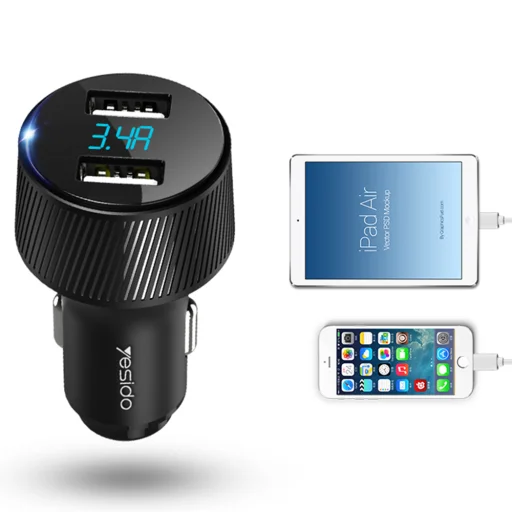 Yesido - Autós töltő (Y31) - 2x USB, LED kijelző, QC 3.0, 18W, 3A - Fekete - 3