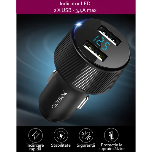 Yesido - Autós töltő (Y31) - 2x USB, LED kijelző, QC 3.0, 18W, 3A - Fekete - 7