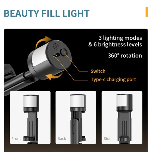  Techsuit - Önarckép bot (Q12S) - Stabil állvánnyal, Bluetooth távirányítóval és LED világítással, 75 cm - Fekete - 7