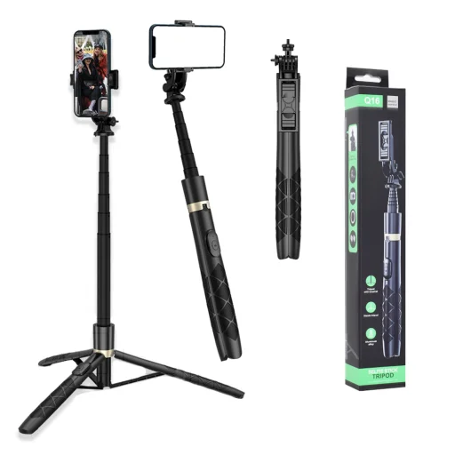  Techsuit - Selfiebot (Q16) - Stabil Állvány 1/4 csavaros interfésszel és vezeték nélküli távirányítóval GoPro-hoz, telefonokhoz, 156 cm - Fekete - 1