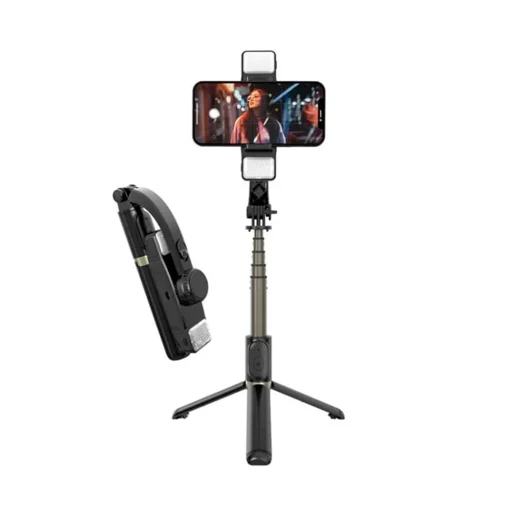  Techsuit - Szelfibot (Q08D) - Stabilizáló állvány ikerfénnyel, Bluetooth távirányítóval, 78 cm - Fekete - 2