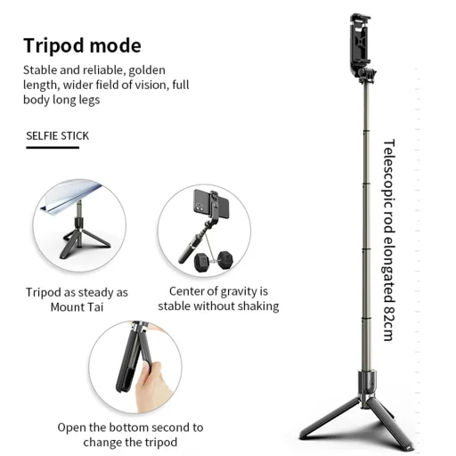  Techsuit - Selfie Bot (L03) - Stabil Állvány Bluetooth Távirányítóval, Alumínium Ötvözet, 83 cm - Fekete - 6
