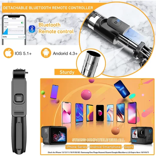  Techsuit - Selfie Bot (L02) - Stabil Állvány Bluetooth Távirányítóval, GoPro Kompatibilis, 360 Fokos Forgatás, 100 cm - Fekete - 6