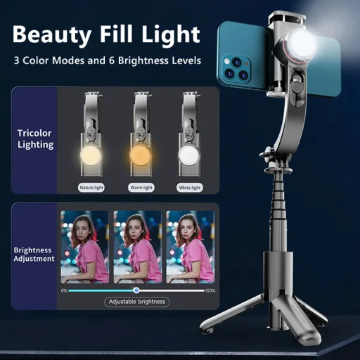 Techsuit - Selfie Bot (L18sMini) - Stabil Gimballal/Állvánnyal, Bluetooth Távirányítóval, Derítőfénnyel, 360°-os Forgatással, 70 cm - Fekete - 3