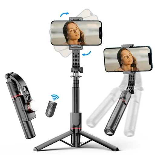 Techsuit - Szelfibot (L19s) - Stabil Gimball/Állvány Bluetooth Távirányítóval, Töltőfénnyel, 360°-os Forgatással, 70 cm - Fekete - 1