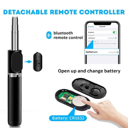  Techsuit - Önarckép Rúd (Q02) - Összecsukható Állvány Bluetooth Távirányítóval, 360 Fokos Forgatás, Rozsdamentes Acél, 103 cm - Fekete - 5