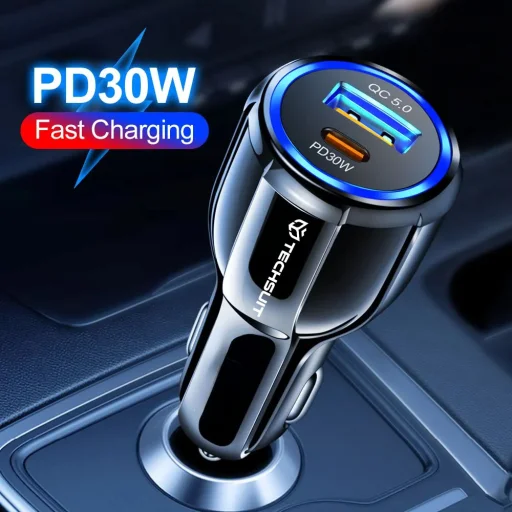  Techsuit - Autós Töltő Prémium (TE-022) - USB-A QC5.0 30W, USB-C PD30W, Összesen 60W, LED Fény - Fekete - 2