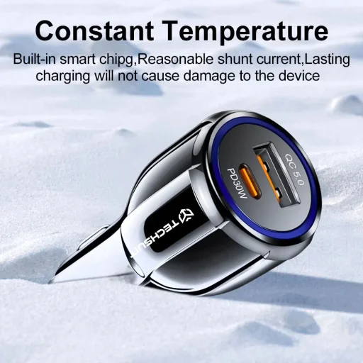  Techsuit - Autós Töltő Prémium (TE-022) - USB-A QC5.0 30W, USB-C PD30W, Összesen 60W, LED Fény - Fekete - 5