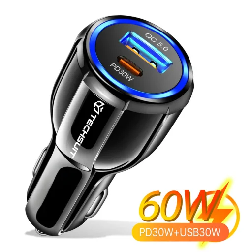  Techsuit - Autós Töltő Prémium (TE-022) - USB-A QC5.0 30W, USB-C PD30W, Összesen 60W, LED Fény - Fekete - 1