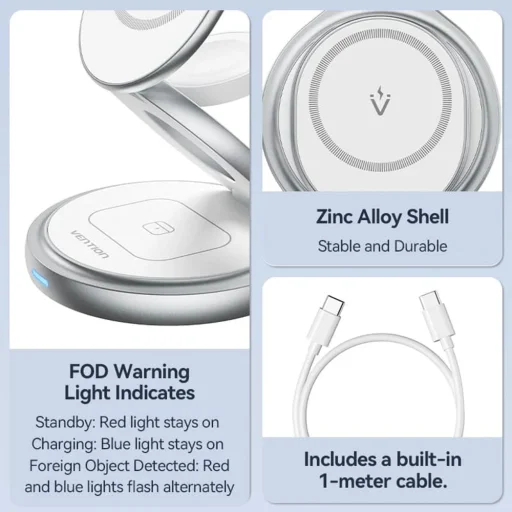  Vention - Vezeték nélküli töltő (FGEI0) - 15W, 3 az 1-ben Gyors töltés, Mágneses állvány, MagSafe, 360°-os forgatás, Összecsukható - Ezüst - 5