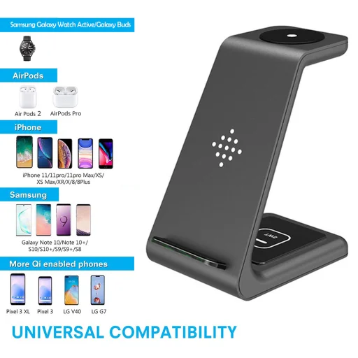 Techsuit - Vezeték nélküli töltőállomás 3in1 (T3) - Telefonhoz / AirPods-hoz / Galaxy Watch-hoz, 10W Type-C kábellel - Fekete - 7
