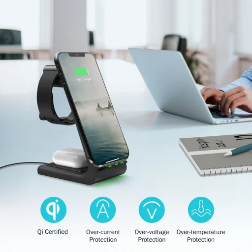 Techsuit - Vezeték nélküli töltőállomás 3in1 (T3) - Telefonhoz / AirPods-hoz / Galaxy Watch-hoz, 10W Type-C kábellel - Fekete - 4
