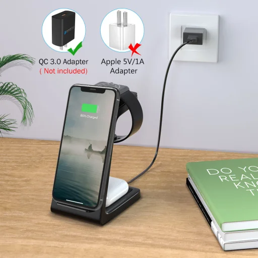 Techsuit - Vezeték nélküli töltőállomás 3in1 (T3) - Telefonhoz / AirPods-hoz / Galaxy Watch-hoz, 10W Type-C kábellel - Fekete - 5