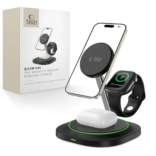 Tech-protect Qi15w-a46 3in1 Mágneses Magsafe Vezeték Nélküli Töltő Fekete - 1