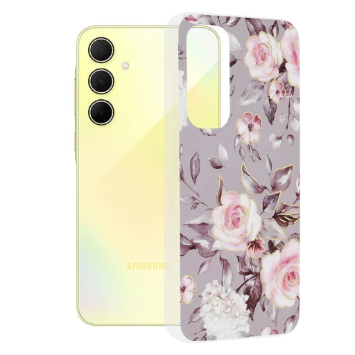 Techsuit - Márvány Sorozat - Samsung Galaxy A35 5G - Ruth Szürke Virága tok - 1