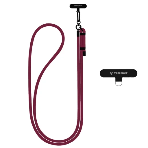  Techsuit - Keresztpánt Zsinór (RCS1-28) - telefonokhoz, karabinerrel, fonott nylon, tartós, állítható - Sötét Cseresznye - 1