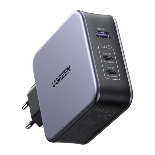 UGREEN CD289 hálózati töltő, 2x USB-C, 1x USB-A, GaN, 140W, kábel 1,5m (szürke) - 2