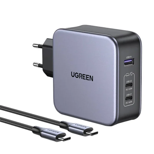 UGREEN CD289 hálózati töltő, 2x USB-C, 1x USB-A, GaN, 140W, kábel 1,5m (szürke) - 1