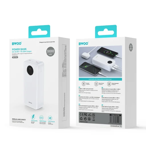 BWOO 22,5W 30000 mAh power bank LCD kijelzővel, fehér - 5