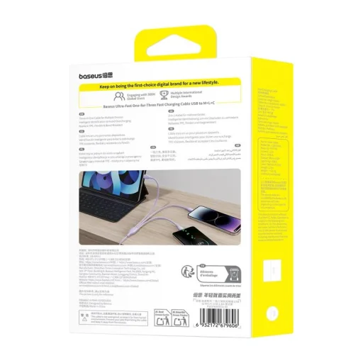 Baseus Ultra-Gyors Egy az Háromban Gyorstöltő Kábel USB-A M+L+C 3.5A 1.3m Köd Lila - 7