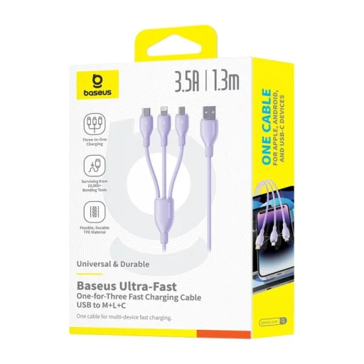 Baseus Ultra-Gyors Egy az Háromban Gyorstöltő Kábel USB-A M+L+C 3.5A 1.3m Köd Lila - 6