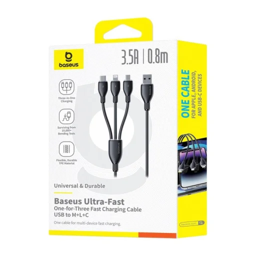 Baseus Ultra-Fast One-for-Three Gyors Töltőkábel USB-A M+L+C 3.5A 0.8m Kozmikus Fekete - 6
