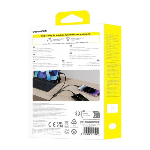 Baseus Ultra-Fast One-for-Three Gyors Töltőkábel USB-A M+L+C 3.5A 0.8m Kozmikus Fekete - 7