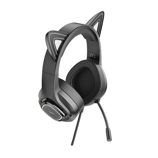  Hoco - Vezetékes Fülhallgató Macskafüllel (W107) - Játékhoz, 3,5 mm-es Jack, Mikrofonnal és LED Színes Fényekkel - Fekete / Zöld - 4