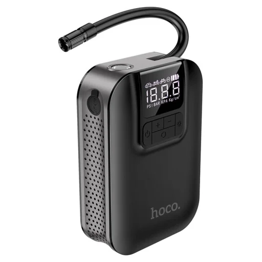  Hoco - Autós légkompresszor (S53) - Okos, hordozható bicikli és motorkerékpár gumiabroncs felfújáshoz LED fénnyel, 5000mAh, 3,5 bar - Fekete - 1