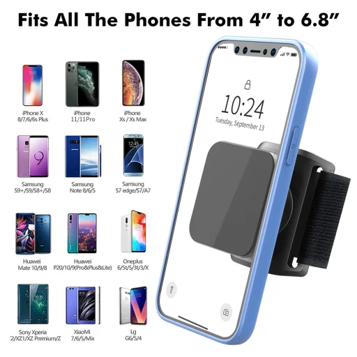  Techsuit - Sport karpánt telefon mágneses tapadókoronggal (TSA2) - Tépőzáras rögzítőpánt, 3M ragasztó matrica, maximum 6,8"-es méret - Fekete - 10