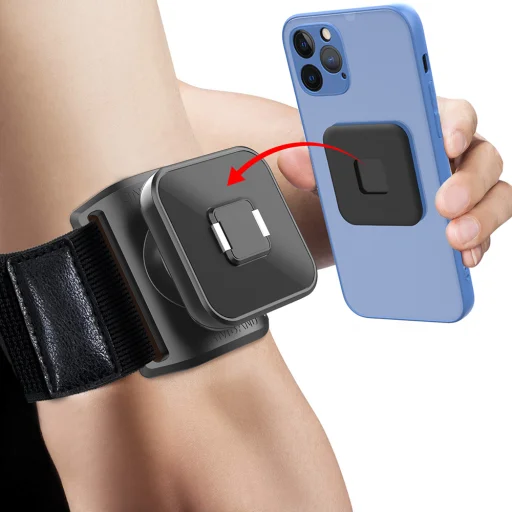  Techsuit - Sport karpánt telefon mágneses tapadókoronggal (TSA2) - Tépőzáras rögzítőpánt, 3M ragasztó matrica, maximum 6,8"-es méret - Fekete - 1
