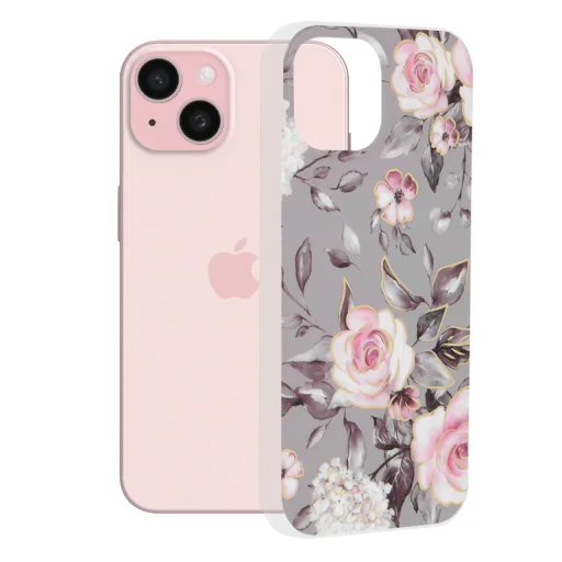  Techsuit - Márvány Sorozat - iPhone 15 - Ruth Szürke Virágzása tok - 1