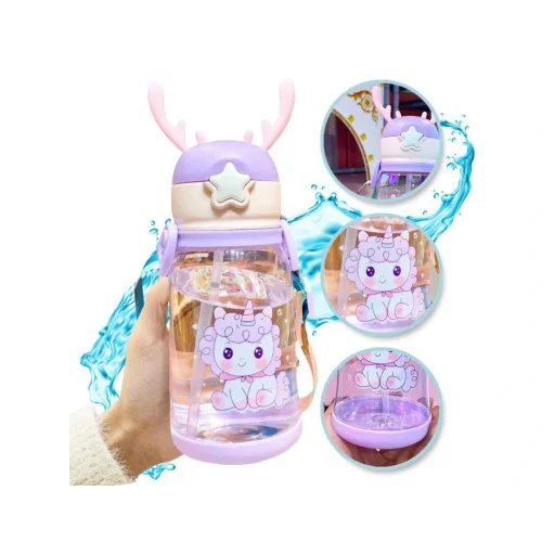 Gyerekeknek szánt üveg szívószállal és pánttal 500-600 ml lila, - 1