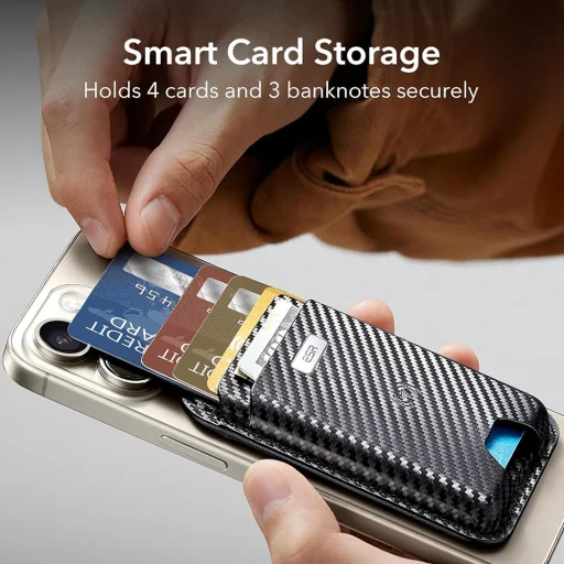  ESR - Prémium Pénztárca Klasszikus Geo MagSafe (2K64403) - Intelligens 4 Kártyás Tároló, Műbőrből Készült - Fekete Karbonszál - 5