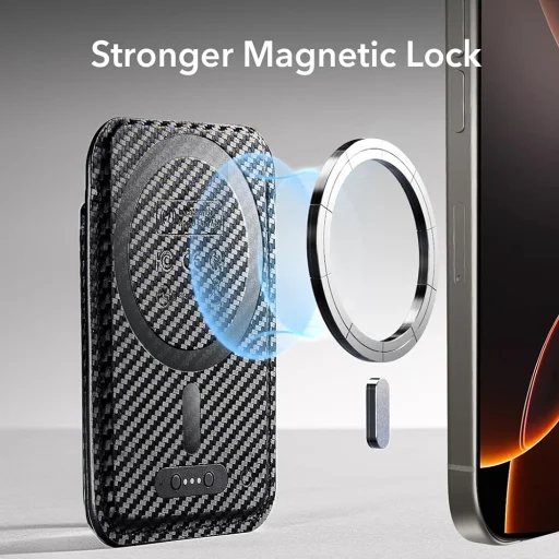  ESR - Prémium Pénztárca Klasszikus Geo MagSafe (2K64403) - Intelligens 4 Kártyás Tároló, Műbőrből Készült - Fekete Karbonszál - 2