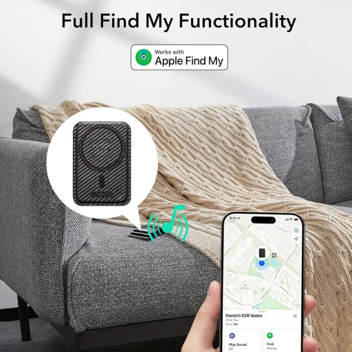  ESR - Prémium Pénztárca Klasszikus Geo MagSafe (2K64403) - Intelligens 4 Kártyás Tároló, Műbőrből Készült - Fekete Karbonszál - 3