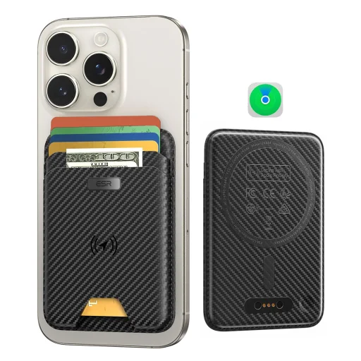  ESR - Prémium Pénztárca Klasszikus Geo MagSafe (2K64403) - Intelligens 4 Kártyás Tároló, Műbőrből Készült - Fekete Karbonszál - 1