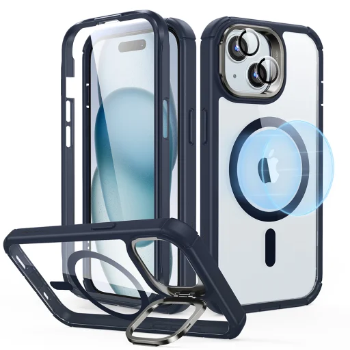  iPhone 15 Plus Átlátszó Sötétkék ESR - Armor Tough Kitámasztós HaloLock + Képernyővédő tok - 1