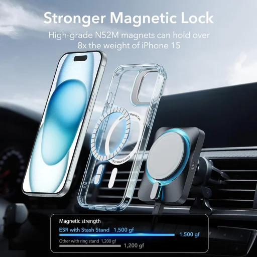  iPhone 15 Plus Átlátszó Kék ESR Klasszikus Hibrid HaloLock Kitámasztó tok - 6
