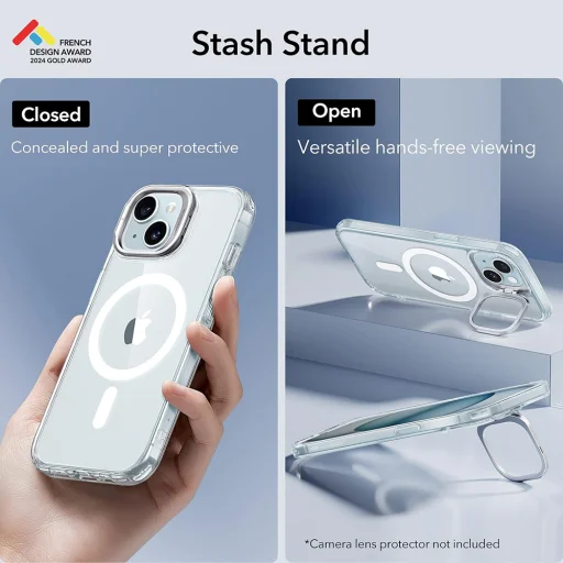  iPhone 15 Plus Átlátszó Kék ESR Klasszikus Hibrid HaloLock Kitámasztó tok - 7