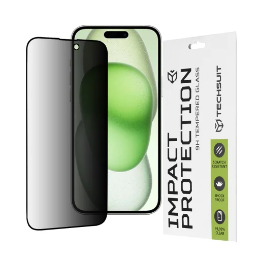  Techsuit - 111D Privacy Teljes Ragasztás - iPhone 15 Plus / iPhone 16 Plus - Fekete üvegfólia - 1