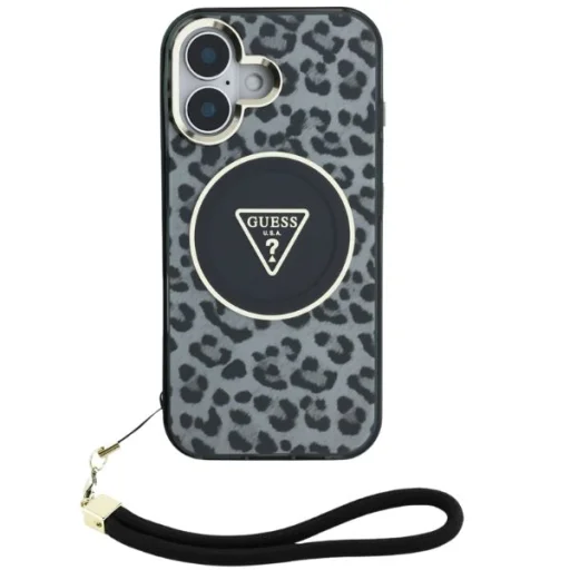  iPhone 16 Fekete Guess HC IML Leopárd Háromszög Zsinór Pánt MagSafe tok - 9