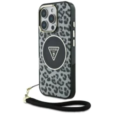  iPhone 16 Pro Fekete Guess HC IML Leopard Triangle Cord Strap MagSafe tok