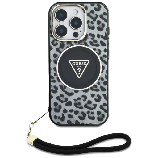  iPhone 16 Pro Fekete Guess HC IML Leopard Triangle Cord Strap MagSafe tok - 2