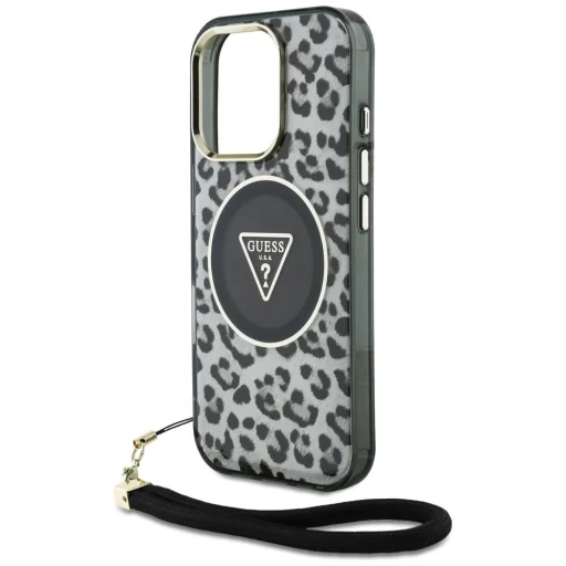  iPhone 16 Pro Fekete Guess HC IML Leopard Triangle Cord Strap MagSafe tok - 5
