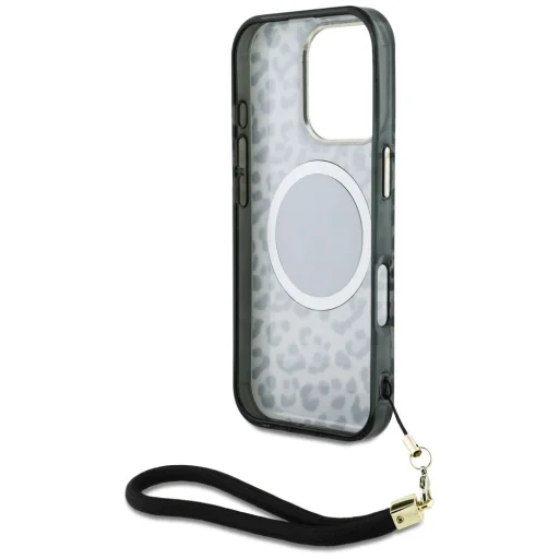  iPhone 16 Pro Fekete Guess HC IML Leopard Triangle Cord Strap MagSafe tok - 6