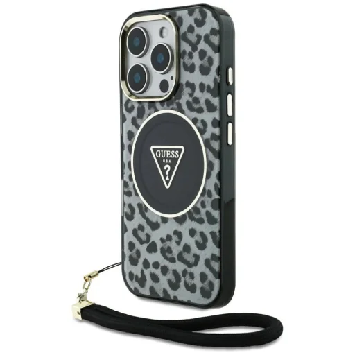 iPhone 16 Pro Fekete Guess HC IML Leopard Triangle Cord Strap MagSafe tok - 1