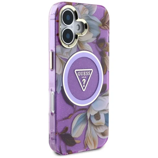  iPhone 16 Lila Guess Glitter Flowers Triangle Buttons MagSafe tok - 4