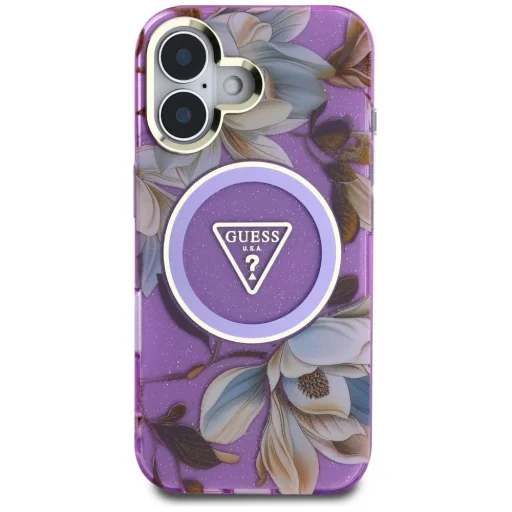  iPhone 16 Lila Guess Glitter Flowers Triangle Buttons MagSafe tok - 3
